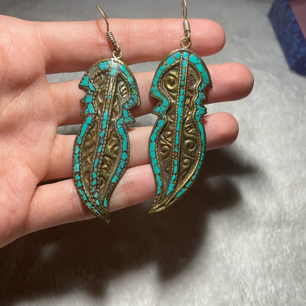 Turquoise Inlay Leaf Drop Earrings - Women Jewelry